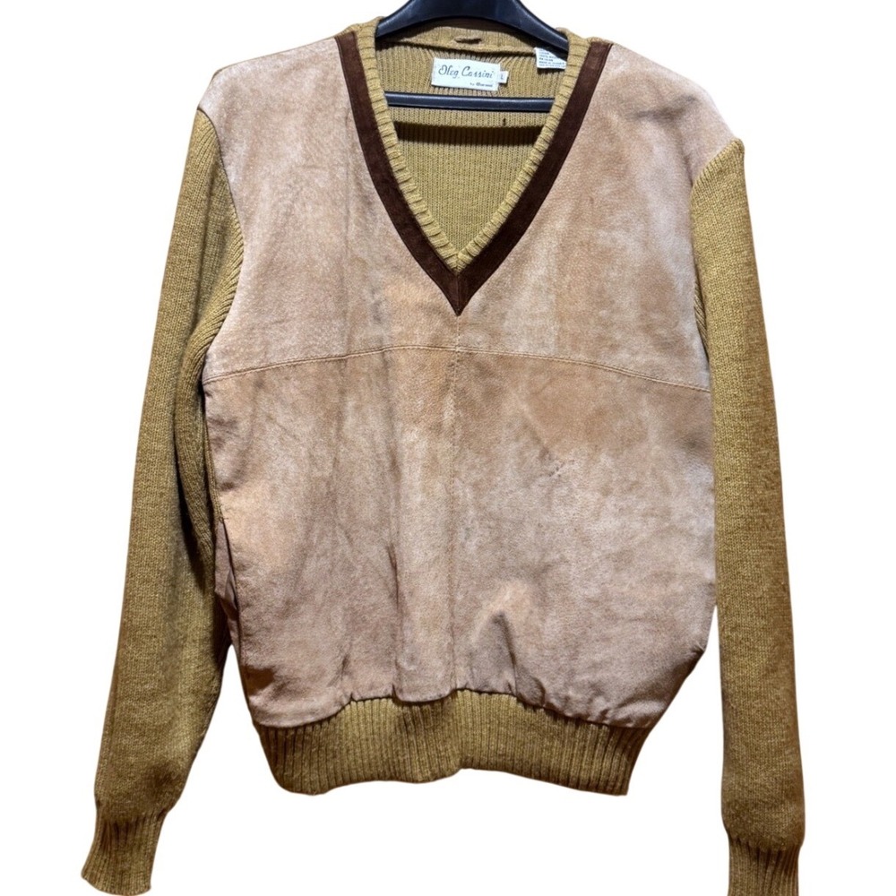 Oleg Cassini Mens Suede &‎ Knit V Neck Sweater Mustard Yellow Size L Pockets